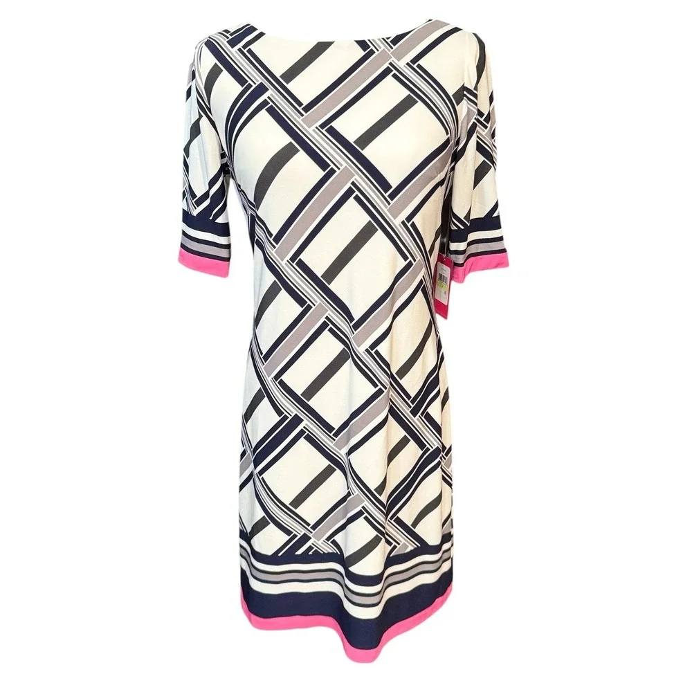 Vince Camuto Ivy Geometric Print Sheath Dress Navy‎ White Pink Size 4 Lined NWT